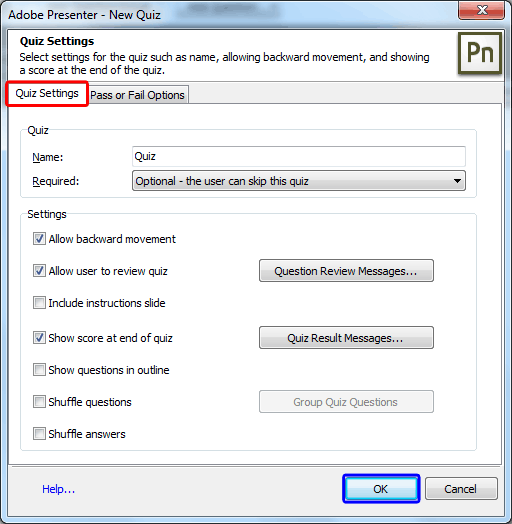 Quiz Settings tab within the New Quiz dialog box Quiz Settings tab within the New Quiz dialog box