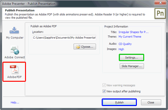 Publish Presentation dialog box Publish Presentation dialog box