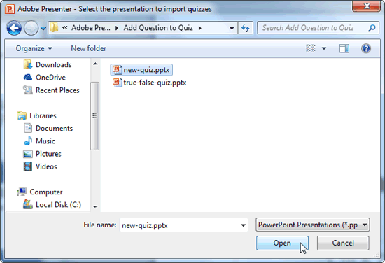 Select the presentation to import quizzes dialog box