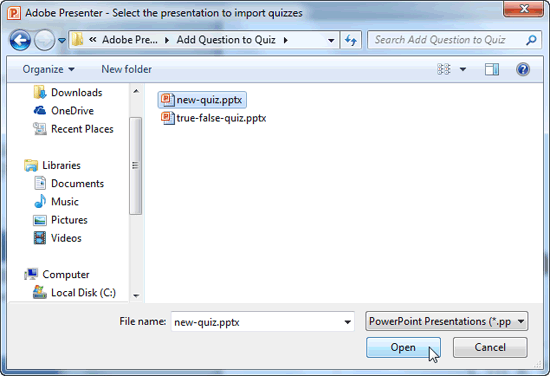 Select the presentation to import quizzes dialog box Select the presentation to import quizzes dialog box