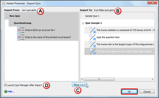 Import Quiz dialog box Import Quiz dialog box