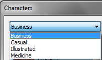 Characters category drop-down list Characters category drop-down list