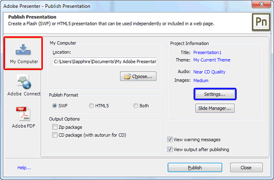 Publish Presentation dialog box Publish Presentation dialog box