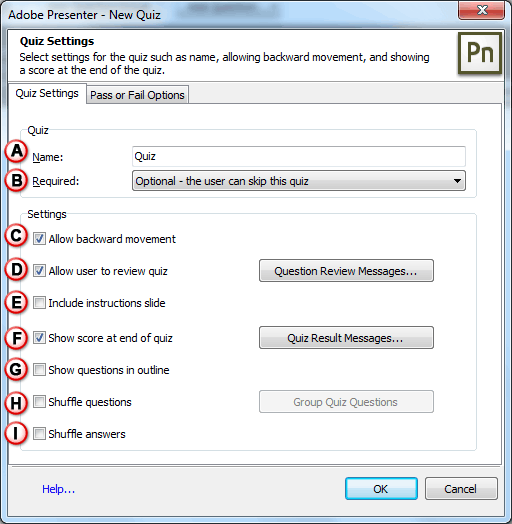 Quiz Settings tab within the New Quiz dialog box