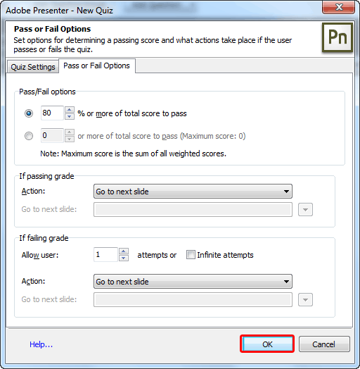 Pass Or Fail Options tab within the New Quiz dialog box