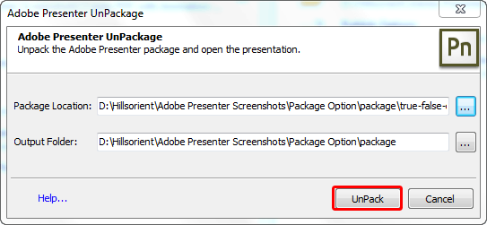 Adobe Presenter UnPackage dialog box