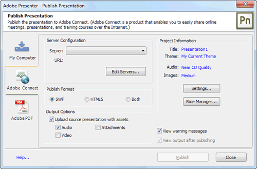 Adobe Connect tab within Publish Presentation dialog box Adobe Connect tab within Publish Presentation dialog box