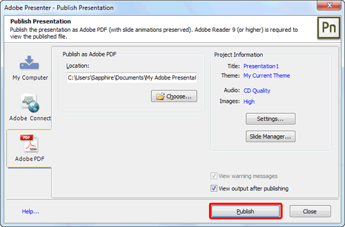 Adobe PDF tab within Publish Presentation dialog box Adobe PDF tab within Publish Presentation dialog box