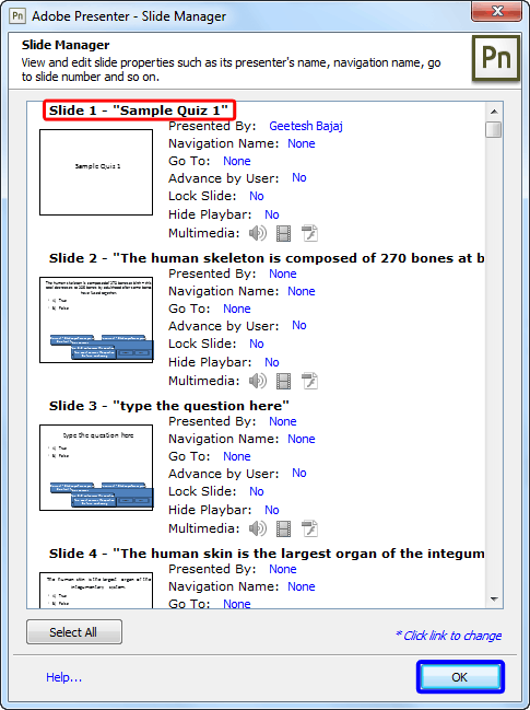 Slide Manager dialog box Slide Manager dialog box