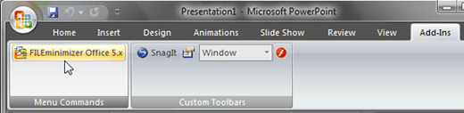 FILEminimizer in the Add-Ins tab of the Ribbon in PowerPoint 2007