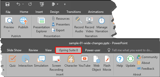 iSpring Suite 8 tab of the Ribbon