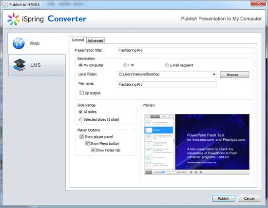 Publish to HTML5 dialog box