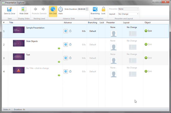 Presentation Explorer window Presentation Explorer window