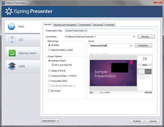 The Publish Presentation dialog box The Publish Presentation dialog box