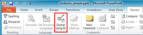 Global Lang ID button within the Review tab of the Ribbon