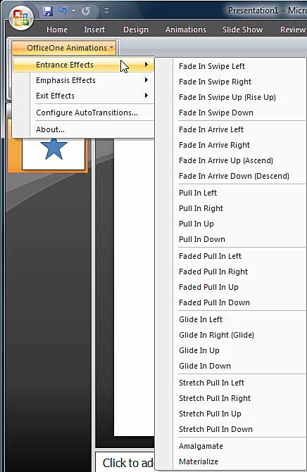 Entrance Effects sub-menu for OfficeOne Animations
