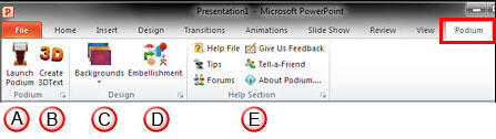 Options within Podium tab of the Ribbon Options within Podium tab of the Ribbon