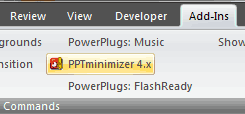 PPTminimizer 4 in the Add-Ins tab of the Ribbon in PowerPoint 2007