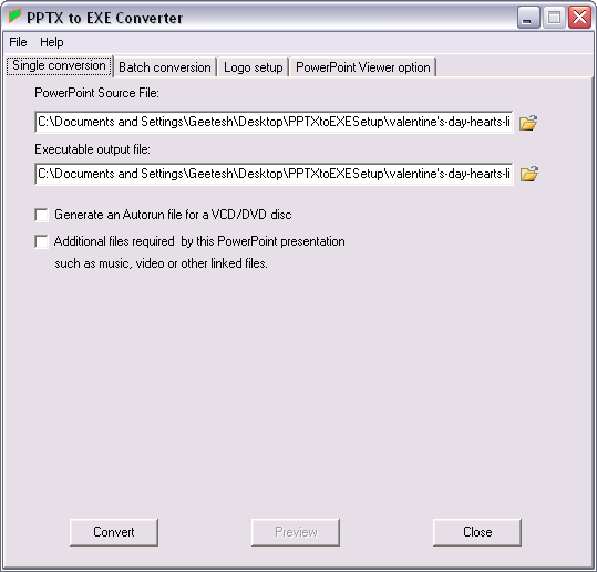 Single PPTX file added within Single conversion tab of PPTX to EXE Converter interface