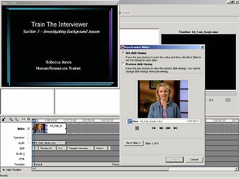 Behind the Synchronize Slides dialog box you can see a preview of your slides as well as a timeline that matches audio and video to them Behind the Synchronize Slides dialog box you can see a preview of your slides as well as a timeline that matches audio and video to them
