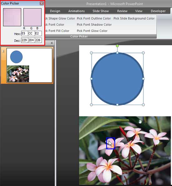 Color Picker window displays the color beneath the cursors location