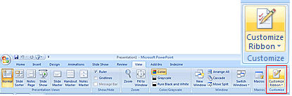 The Customize Ribbon option appears in the View ribbon tab of PowerPoint 2007