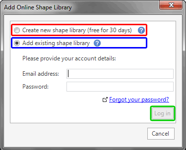 Add Online Shape Library dialog box before you sign in Add Online Shape Library dialog box before you sign in