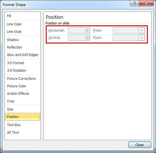Position pane within the Format Shape dialog box