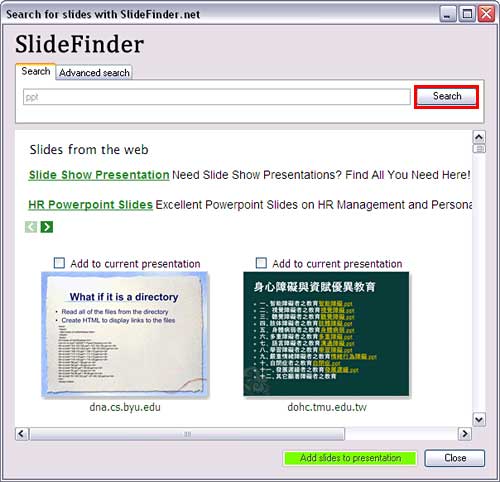 Search for slides with SlideFinder.net window