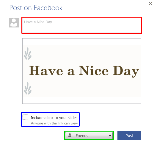 Post on Facebook dialog box Post on Facebook dialog box