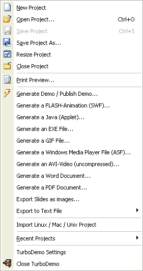 TurboDemo File menu