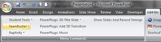 YawnBuster in add-ins Ribbon tab within PowerPoint