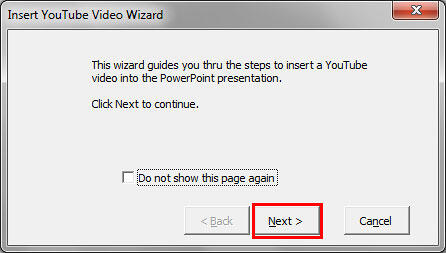 Insert YouTube Video Wizard dialog box