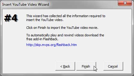 Finish button within the Insert YouTube Video Wizard dialog box