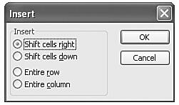 Determine the direction to move the existing cells in the Insert dialog box