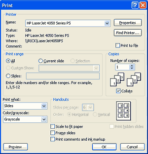 In the Print dialog box, you can choose to print all slides, the slide currently on the screen, or a specific range of slides In the Print dialog box, you can choose to print all slides, the slide currently on the screen, or a specific range of slides