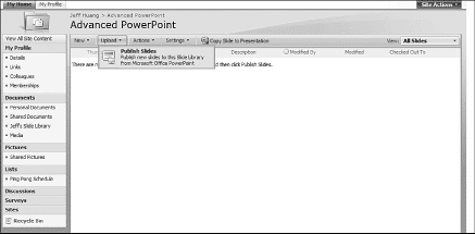 Click the Upload button on the SharePoint site to insert new slides into the library