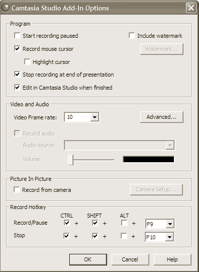 The dialog is divided into five sections: Program, Video and Audio, Picture In Picture, Record Hotkey, and Watermark. Lets look at each of these in turn The dialog is divided into five sections: Program, Video and Audio, Picture In Picture, Record Hotkey, and Watermark. Lets look at each of these in turn