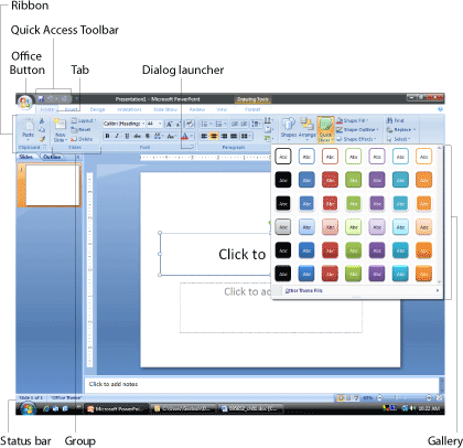 The new interface works the same way in PowerPoint as it does in the Office 2007 versions of Word and Excel