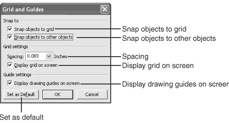 The Grids and Guides dialog box enables you to show a grid and/or a set of vertical and horizontal guides to help align drawn objects