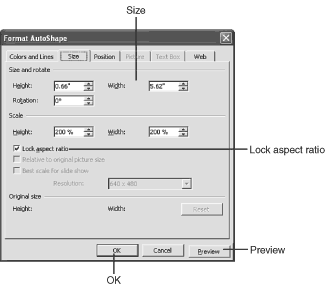 The Size tab in the Format AutoShape dialog box enables you to quickly change the dimensions of the selected shape