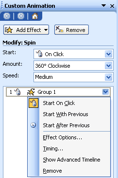 Animation selected within the Custom Animation Task Pane Animation selected within the Custom Animation Task Pane