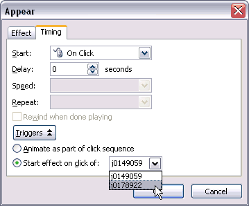 Timing tab of the animation dialog box Timing tab of the animation dialog box
