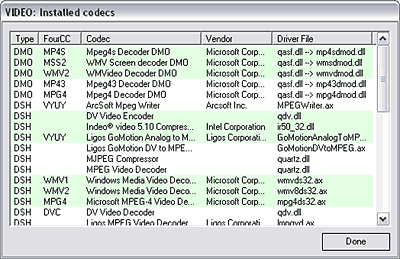 GSpot installed codecs