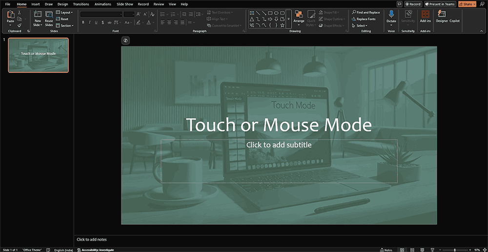 PowerPoint 365 interface with Mouse mode active