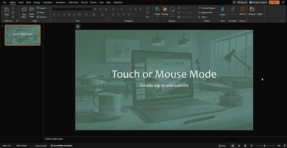 PowerPoint 365 interface with Touch mode active