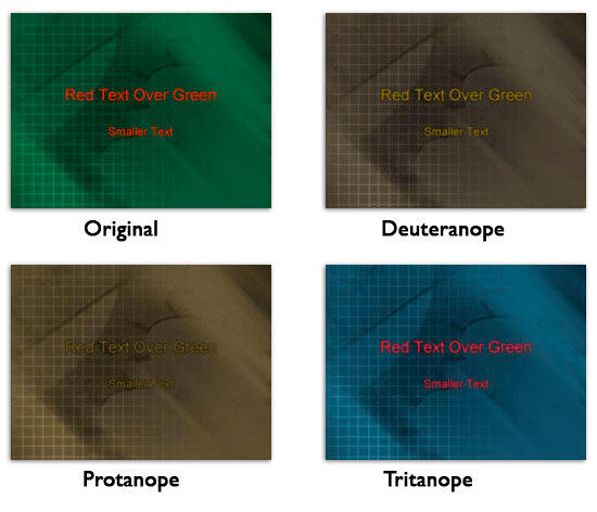 More results for various types of color vision deficiencies using a red and green color combination More results for various types of color vision deficiencies using a red and green color combination