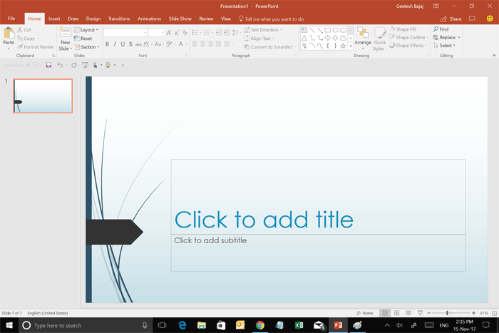 PowerPoint 2016 interface with Mouse mode active