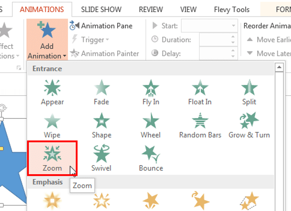 Zoom animation effect selected Zoom animation effect selected