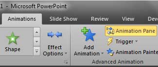 Animation Pane button within Animations tab Animation Pane button within Animations tab